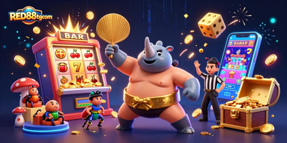 Experience the excitement of RED88tgcom with a dynamic 3D scene of a beetle champion and casino elements.