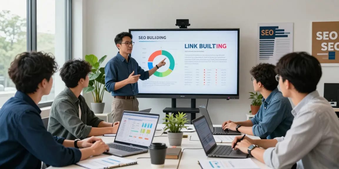 SEO specialists discussing link building services in a modern office setting with analytical visuals.
