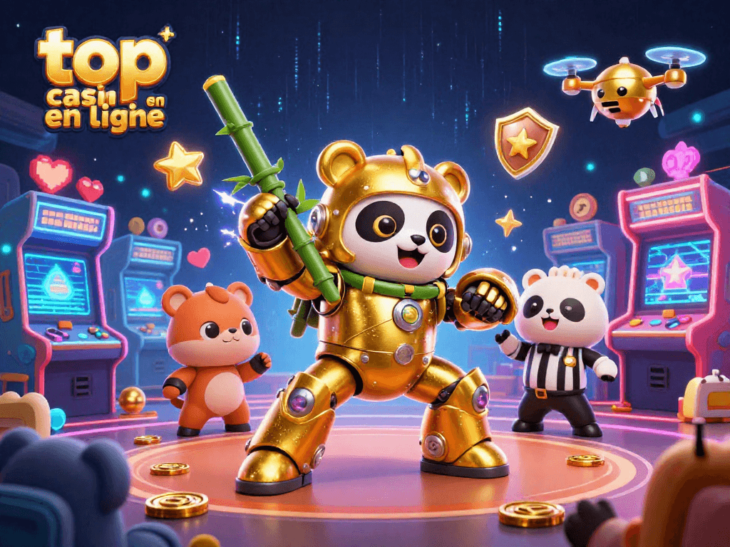 Explorez le top casino en ligne avec cette illustration captivante de panda doré en action.