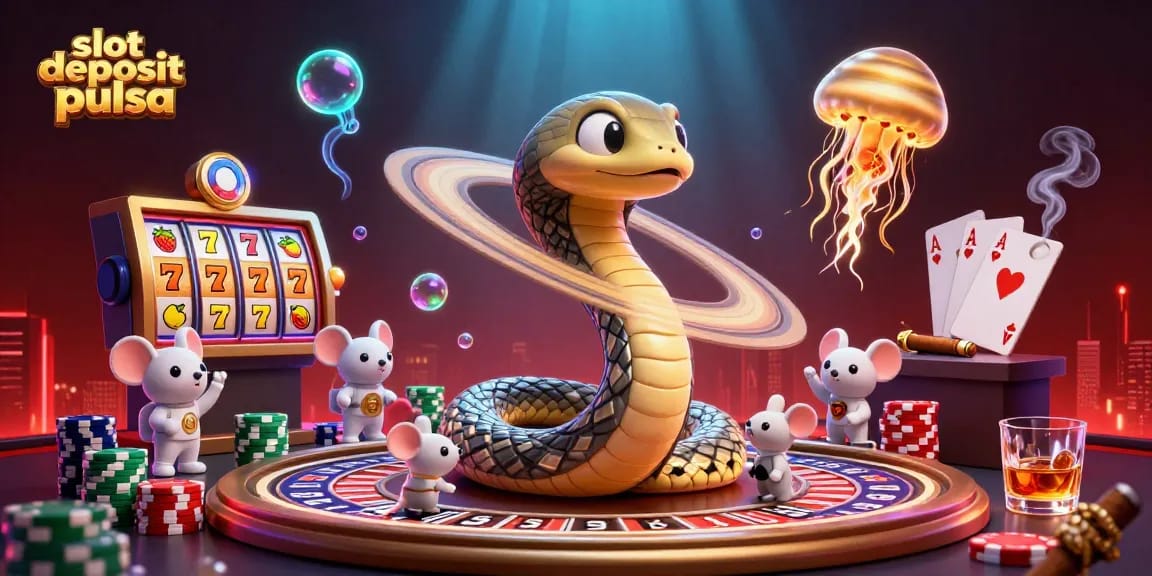 Menang besar dengan slot deposit pulsa, ilustrasi kasino online yang ceria dan menegangkan.