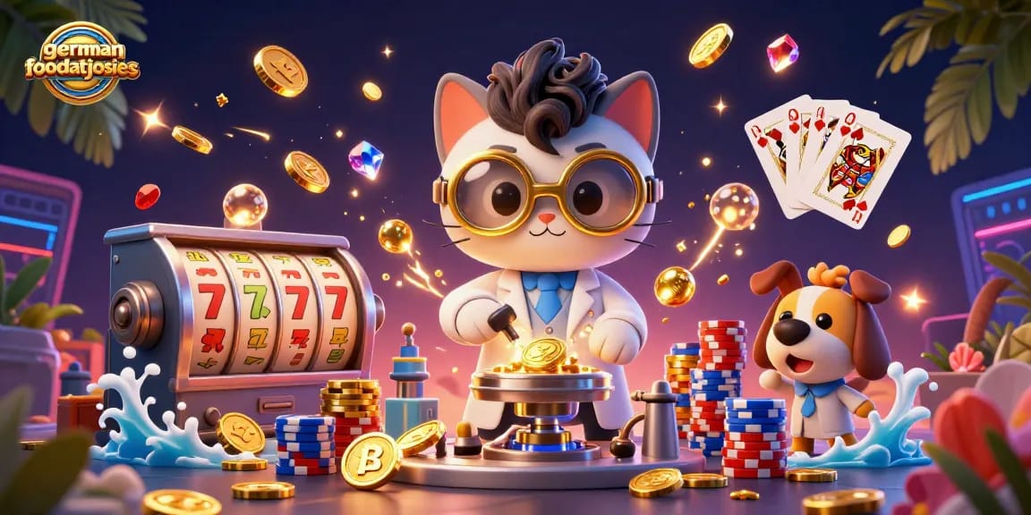 Spin to win at germanfoodatjosies with joyful characters amidst vibrant casino elements.
