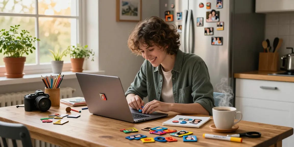 Creating personalized photo magnets in a cozy kitchen, vibrant designs and family photos on display.