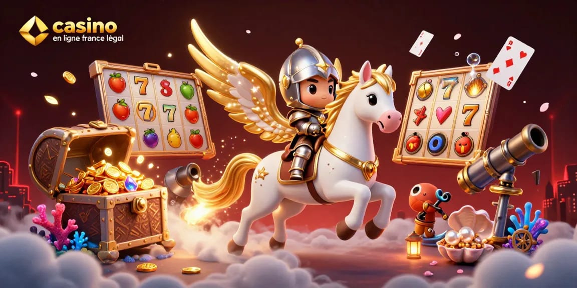 Illustration 3D représentant un cheval céleste doré, symbolisant le casino en ligne légal en France, galopant parmi des éléments de jeux d'argent.