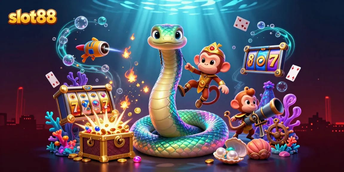 Experience thrilling slots at slot88 with an enchanting rainbow serpent and treasure-filled underwater scene.