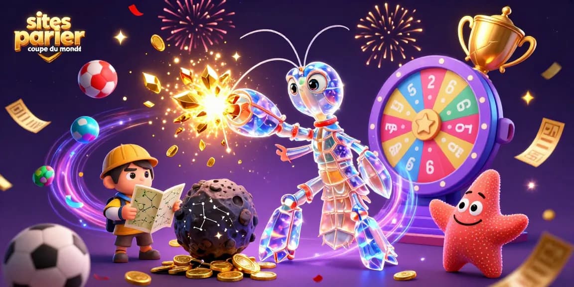 Pariez sur les sites de paris Coupe du Monde avec des personnages dynamiques profitant des ballons de sport et des tickets de paris s'élevant en confettis.