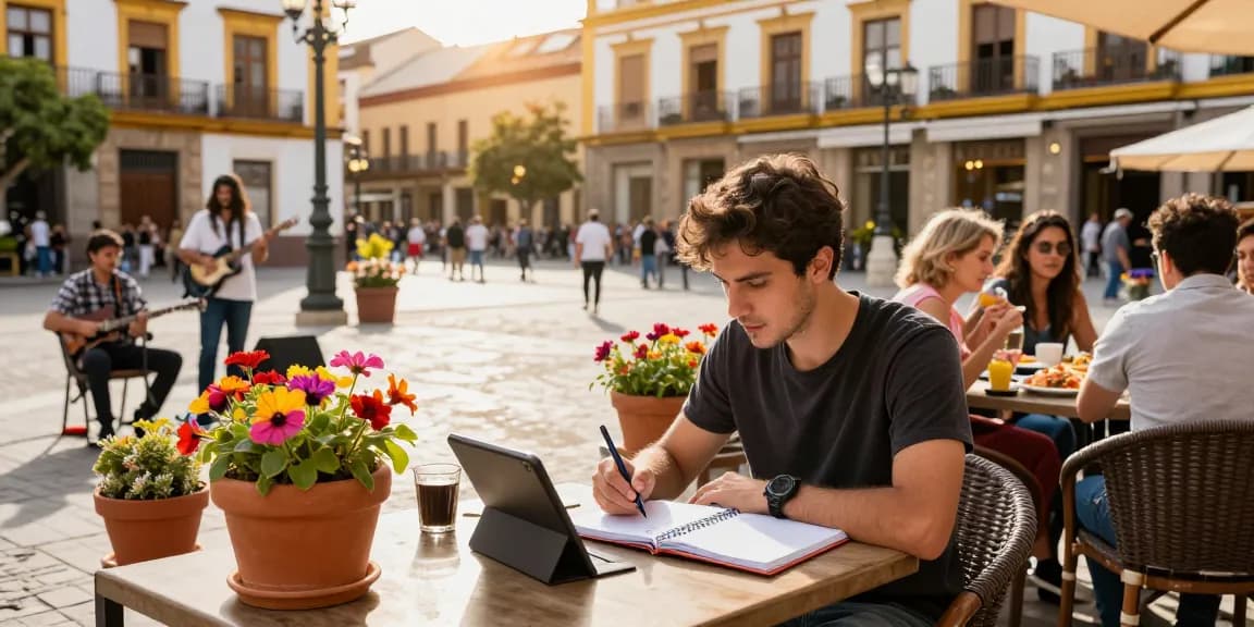 Escena atractiva de un joven estudiante disfrutando de Spanischkurse en España mientras estudia al aire libre en una vibrante atmósfera urbana.