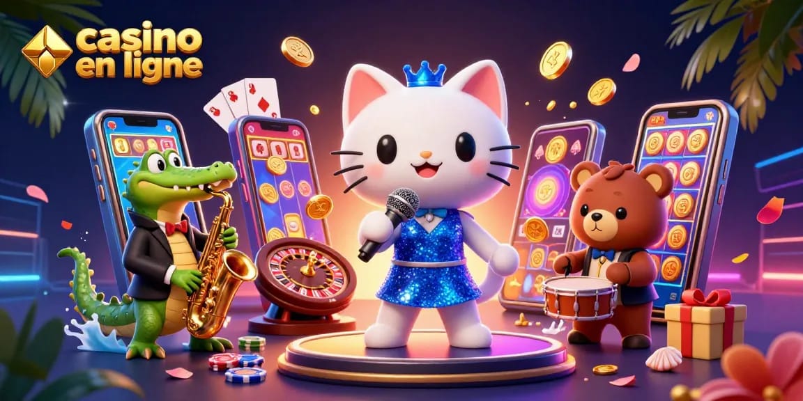 Célébrez avec des jeux de casino en ligne passionnants tandis que des personnages se produisent sur scène entourés d'éléments de jeu vibrants.