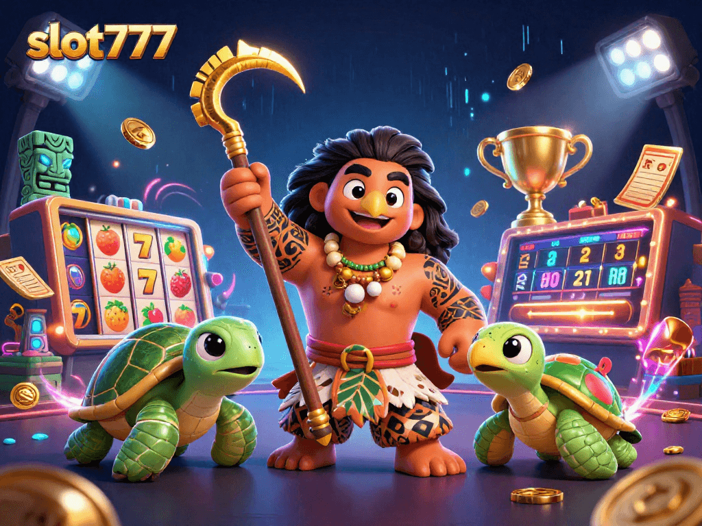 Spin the reels of slot777 in this vibrant casino scene featuring exciting slot elements and characters.