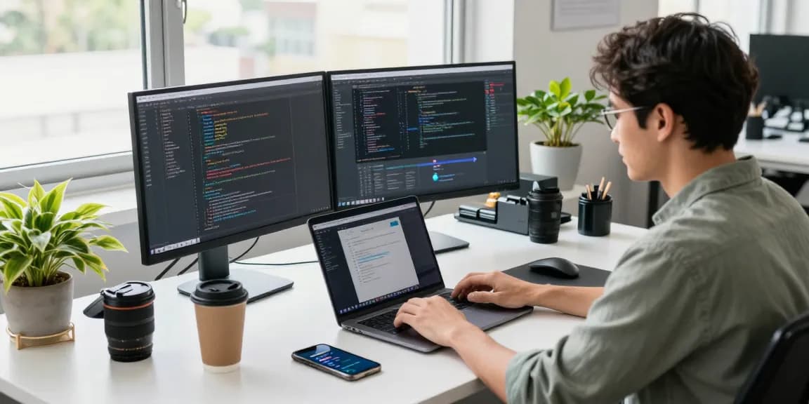 Developer coding in a modern office showcasing 纸飞机中文版 on dual monitors with vibrant tech elements.
