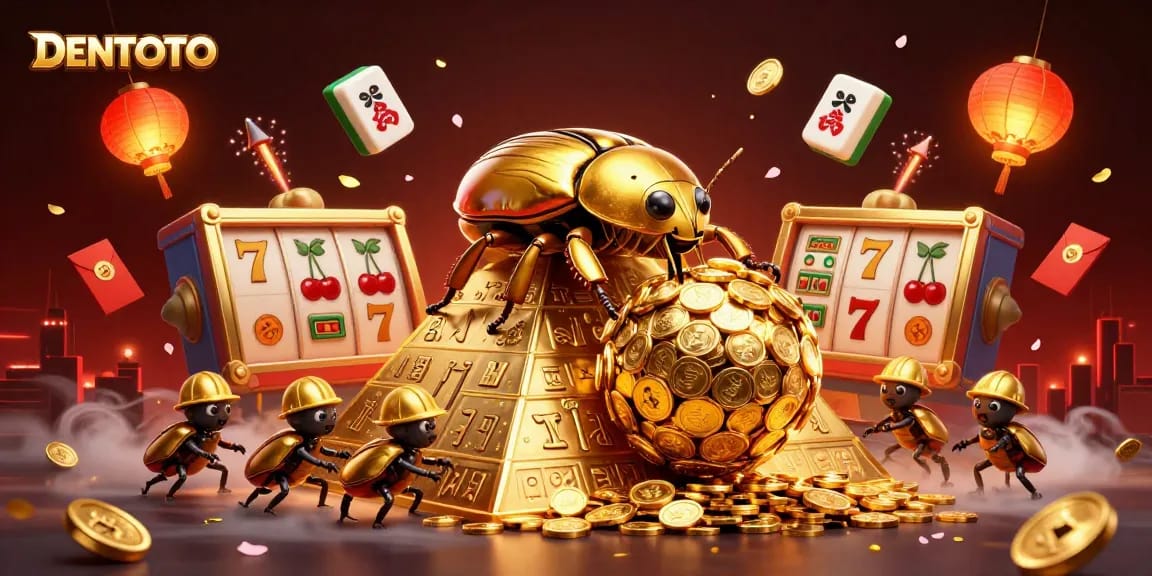 DENTOTO players winning big with a golden beetle, rolling coins, and vibrant casino elements.