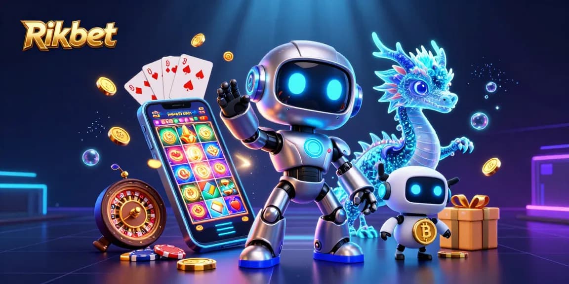 Experience thrilling actions at Rikbet with a vibrant 3D casino scene featuring slot game elements.