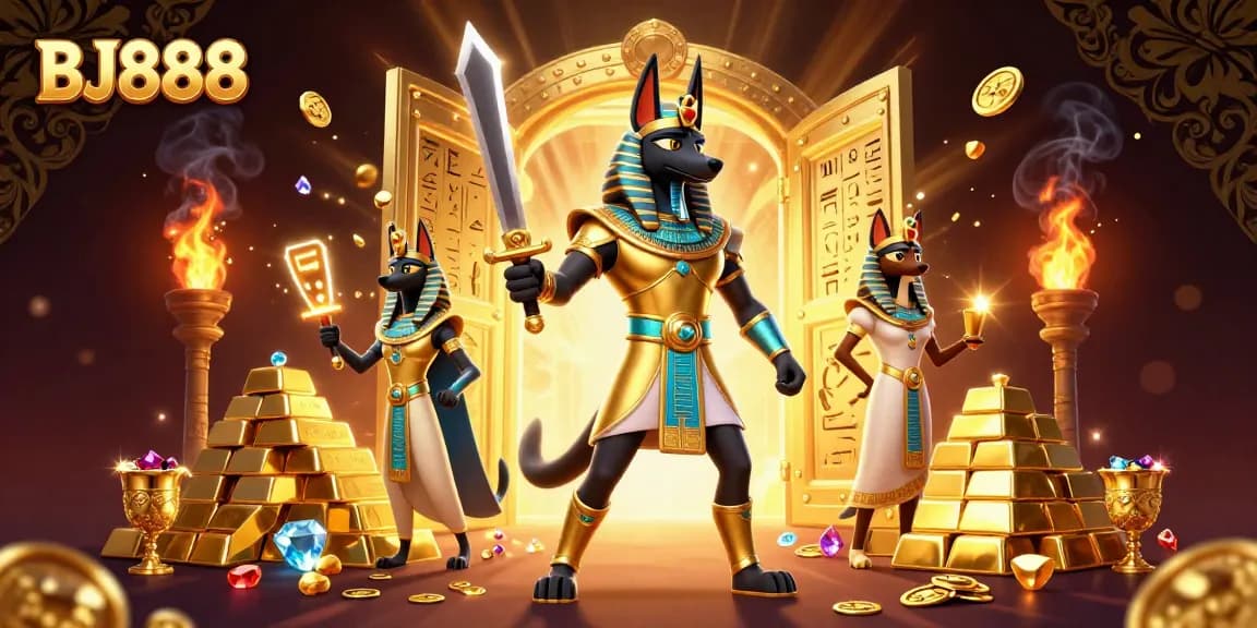 Experience the thrill of BJ888 with Anubis and Bastet in a lively casino scene.