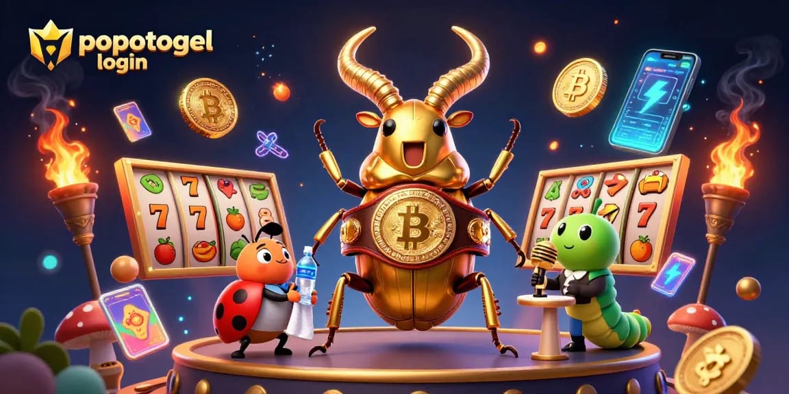 Engaging scene depicting popotogel login with a golden stag beetle champion ready for action amidst slot and crypto elements.