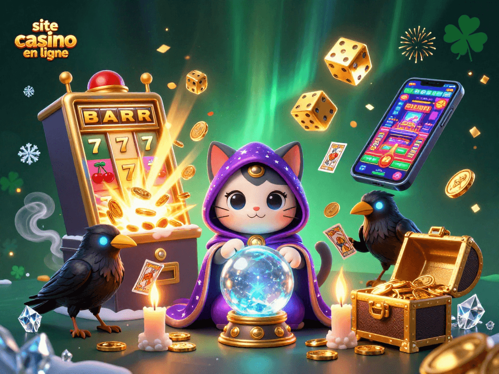 Jouer sur un site casino en ligne avec un chat mystique et des jeux animés dans une scène riche en détails.