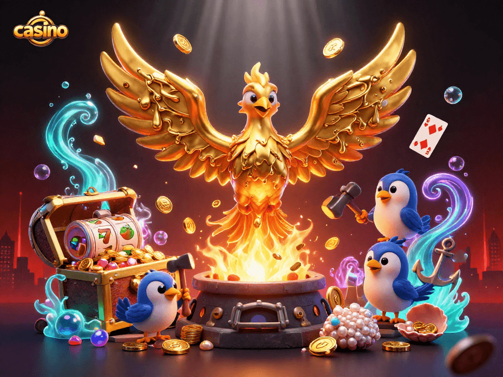 Experience the thrilling casino scene with a golden phoenix and exciting game elements.