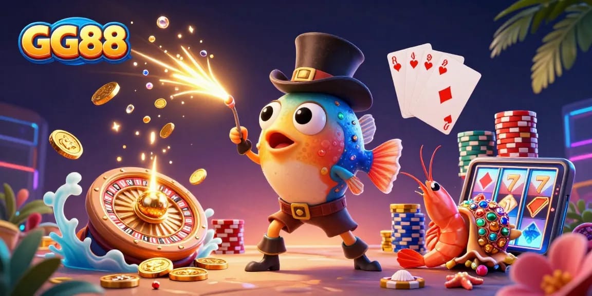 Join GG88's thrilling casino adventure with sparkling gems and coins in a vibrant underwater scene.
