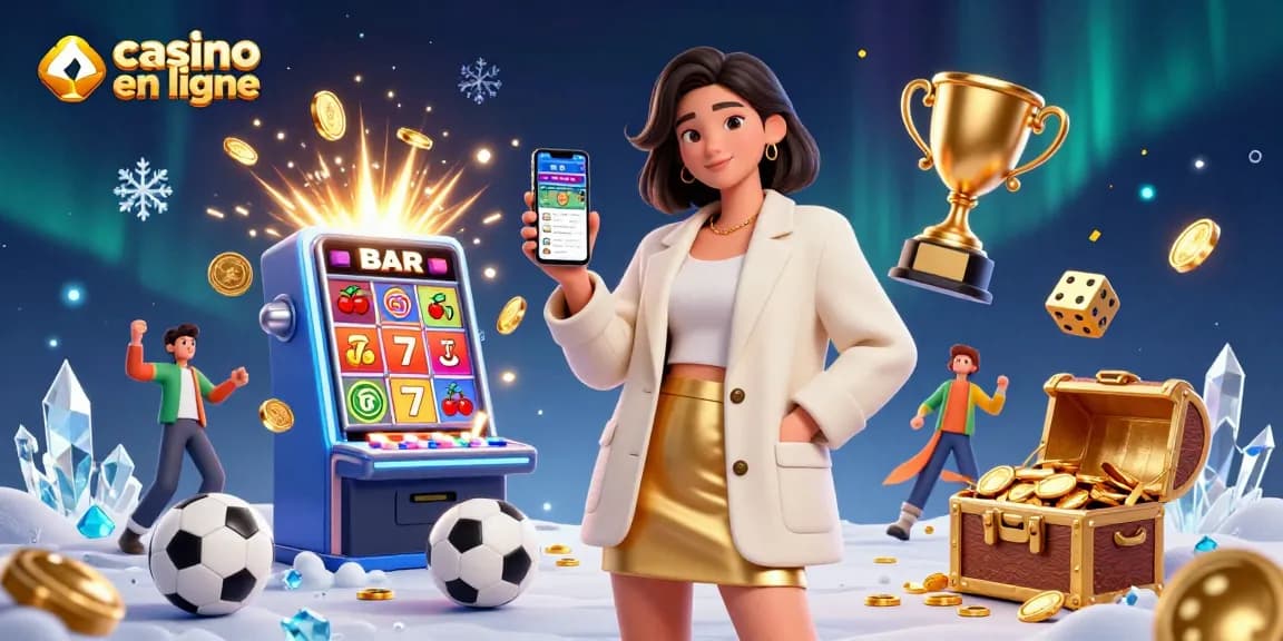 Découvrez l'excitation du casino en ligne avec des jeux vibrants et des moments gagnants représentés dans une illustration dynamique en 3D.