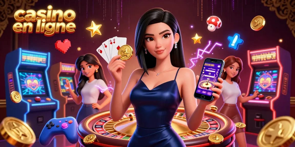 Gagnez gros au casino en ligne avec une femme éblouissante présentant une application de casino et des jetons dorés.