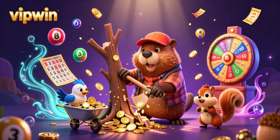 Experience thrilling gaming action with vipwin in this vibrant 3D illustration featuring a cartoon beaver and friends.