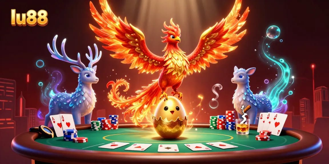 Engage with lu88's vibrant casino atmosphere featuring a fiery phoenix and dynamic poker scene.