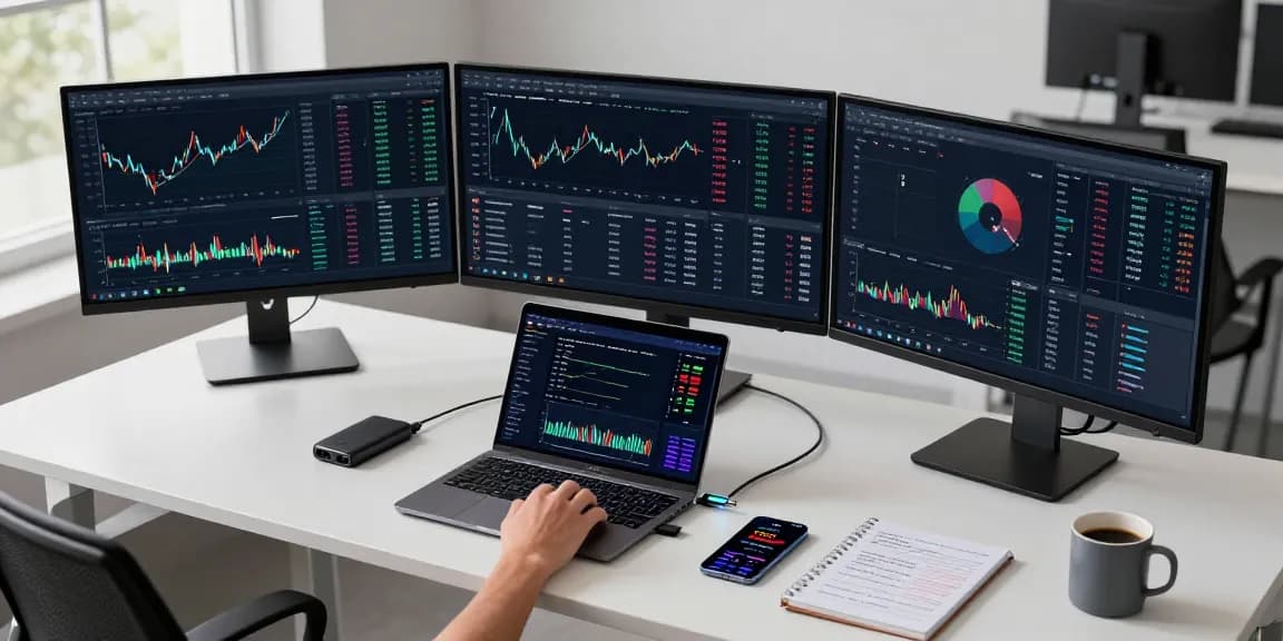 Funexchange cryptocurrency trading setup with market charts and secure digital wallet displayed on monitors