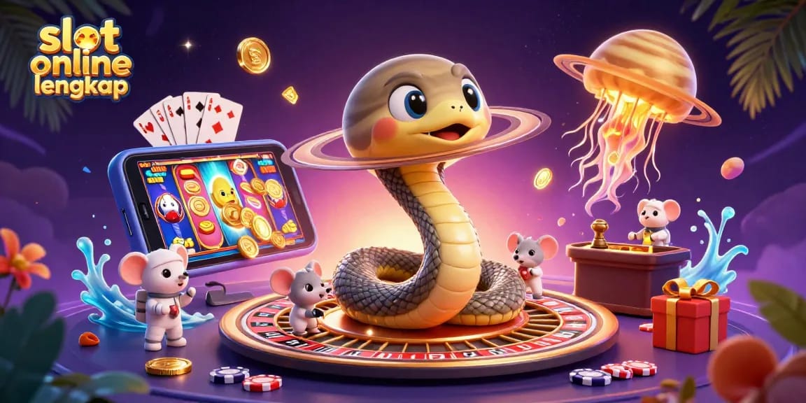 Experience thrilling slot online lengkap action with surreal cosmic characters placing bets in a vibrant 3D casino scene.