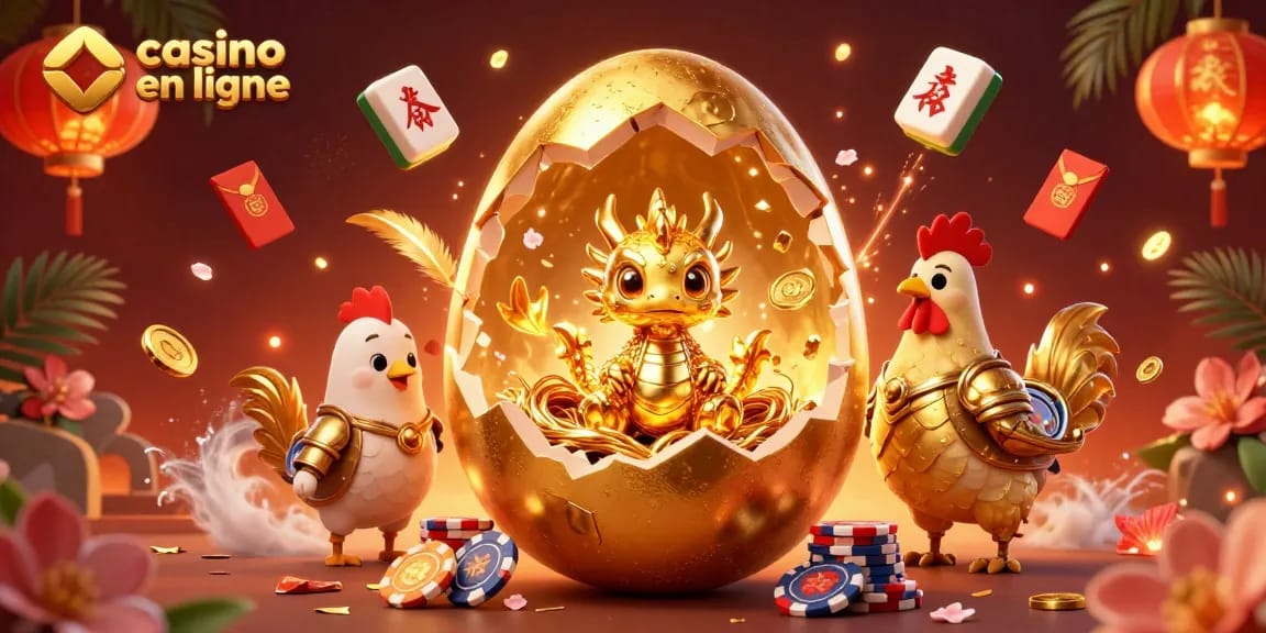 Jouez sur un casino en ligne avec des dragons dorés et des jetons de poker scintillants.
