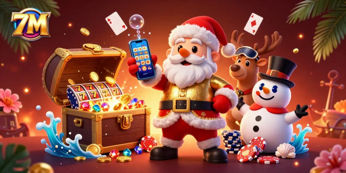 Experience exciting casino thrills with 7M's jackpot adventures in a vibrant 3D illustration.