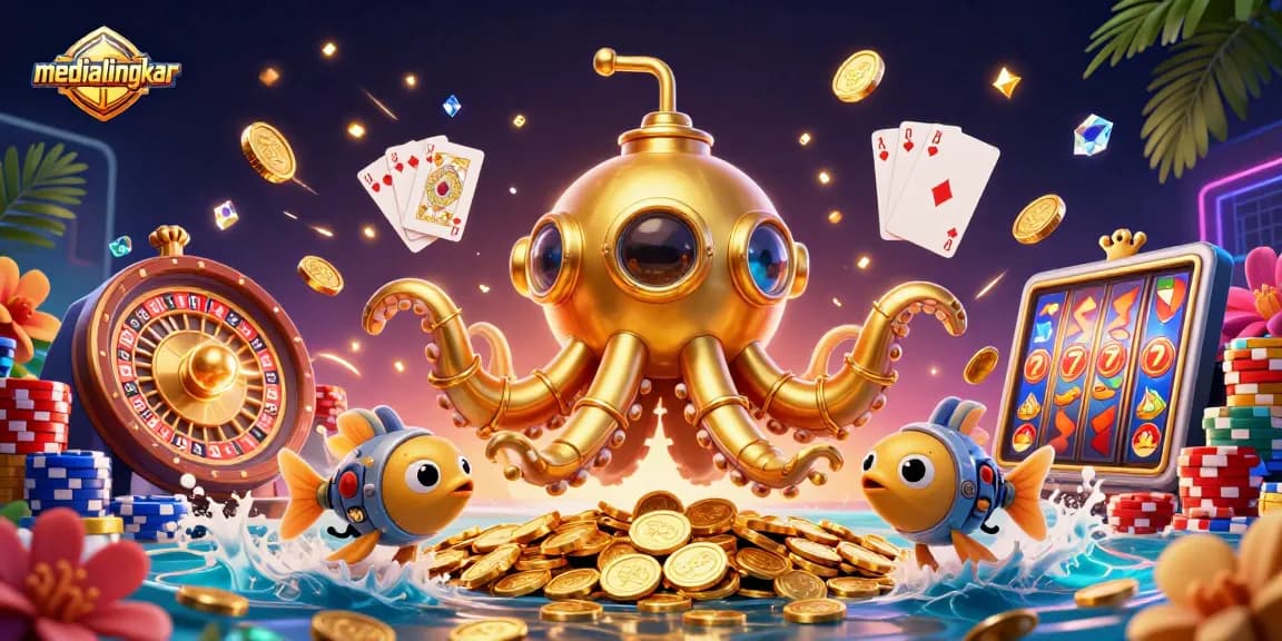 Engage with medialingkar's vibrant casino world featuring a golden kraken submarine, sparkling coins, and thrilling game elements.