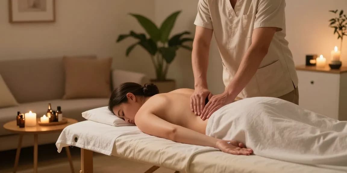 Relaxing home massage scene representing https://www.banhanamsg.com/ with therapist preparing a soothing environment for clients.