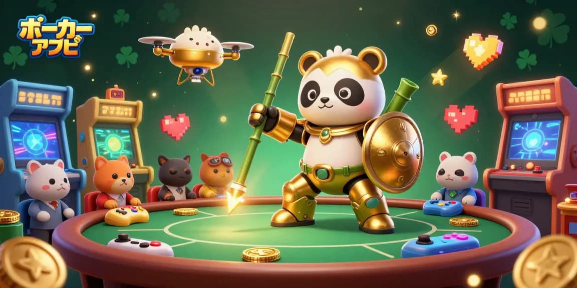 リアルマネーで楽しむポーカー アプリのシーン。華やかな雰囲気の中で戦うキャラクターたち。