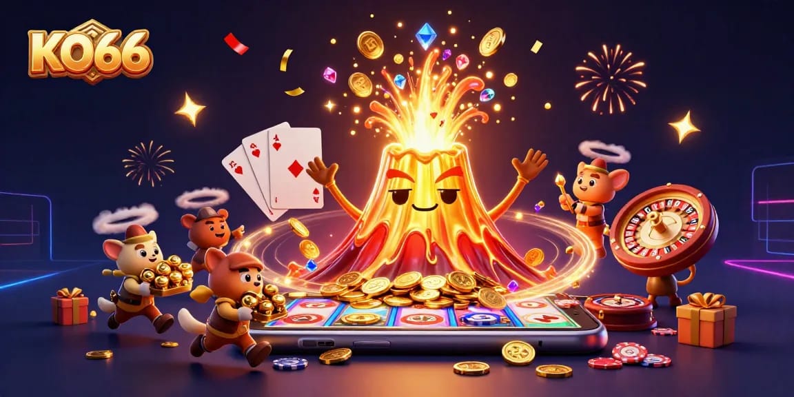 Join the thrilling adventure at KO66 with a golden volcano erupting treasures and vibrant gaming elements.