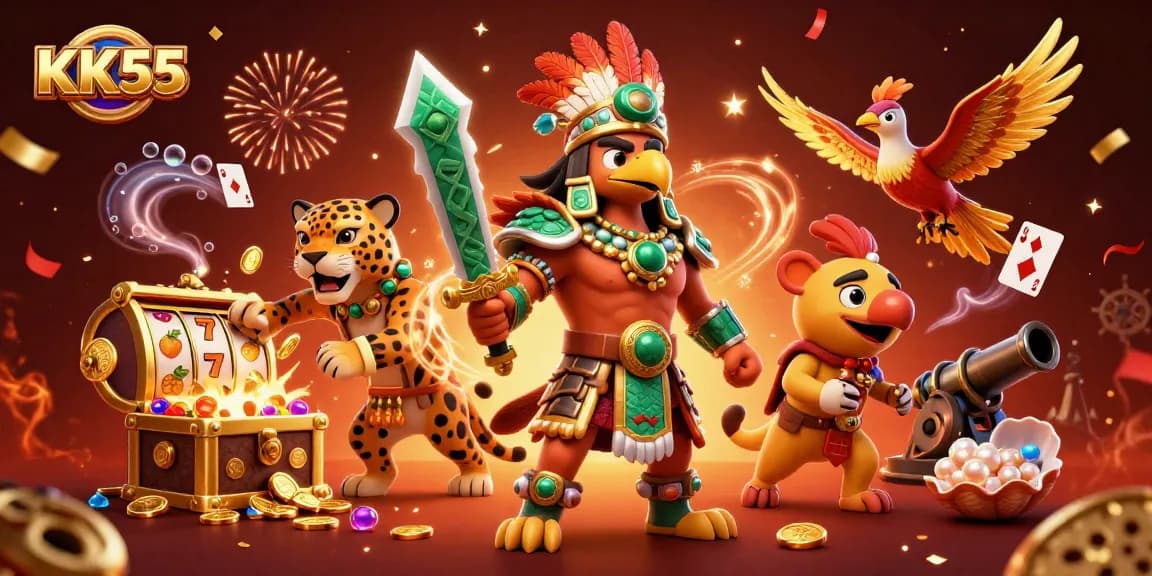 Experience thrilling jackpots at KK55 with cartoon warriors and vibrant casino elements.