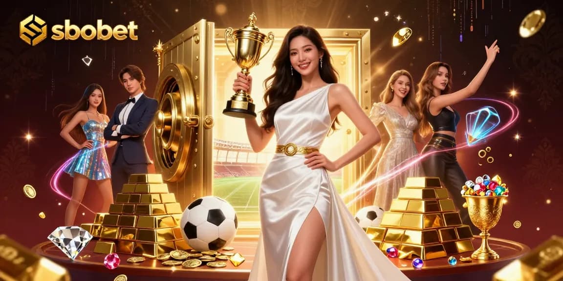 Experience sbobet sports betting excitement with a victorious woman holding a trophy amidst treasures.