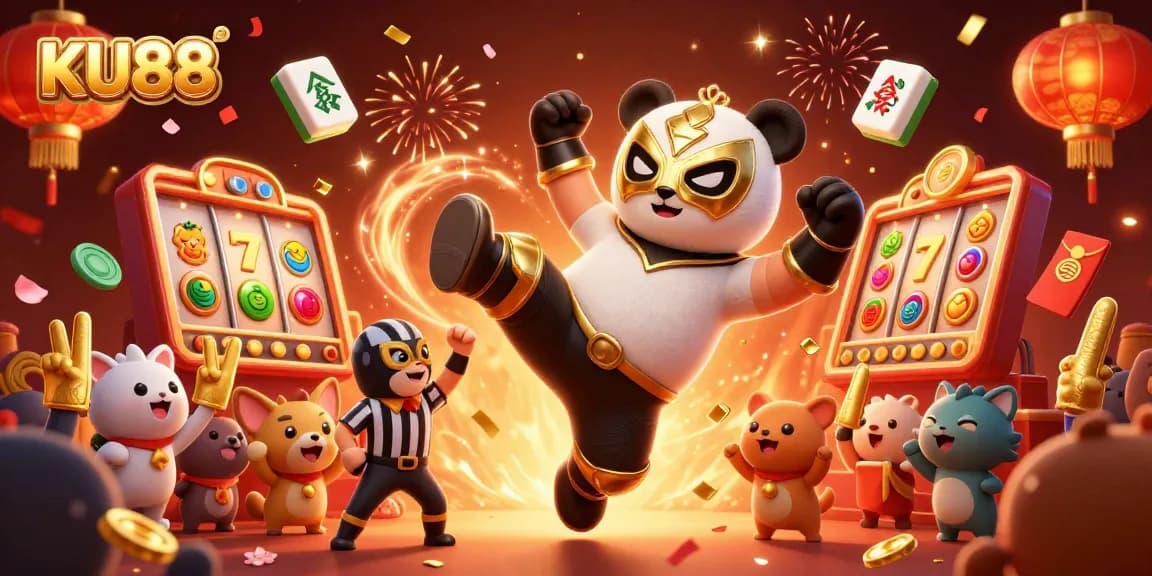 Engage in thrilling gameplay with KU88's vibrant casino illustration featuring slot reels and colorful characters.