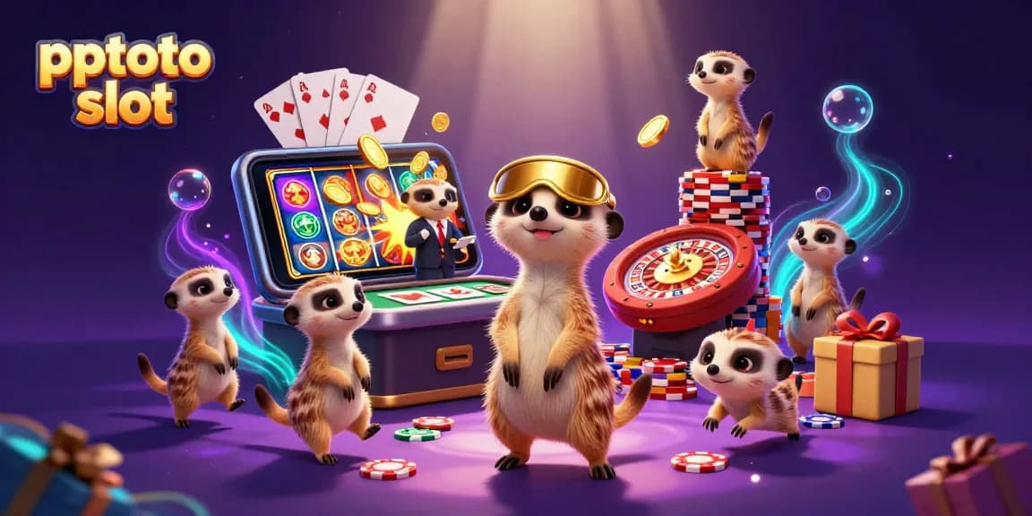 Immerse in thrilling pptoto slot action with playful meerkats running a busy casino operation.