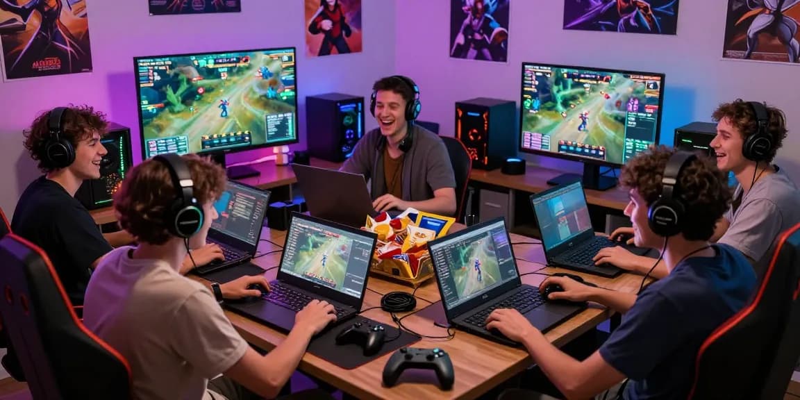 A group of friends enjoying an online gaming session in a vibrant room, showcasing raja328 situs gaming culture.