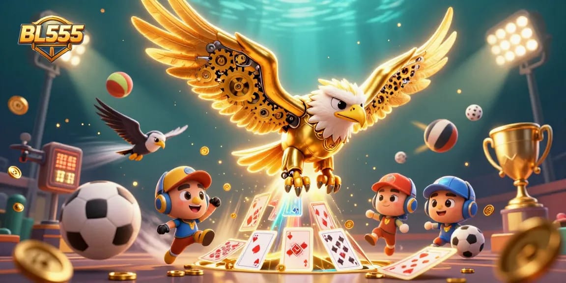 Experience thrilling gameplay with BL555, showcasing a dynamic 3D casino scene filled with golden eagles and sports elements.