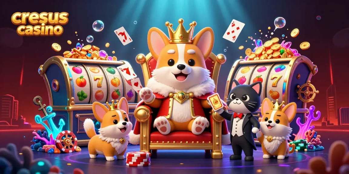 Profitez d'une scène vibrante au cresus casino avec un corgi royal sur un trône au milieu d'éléments de jeu ludiques.