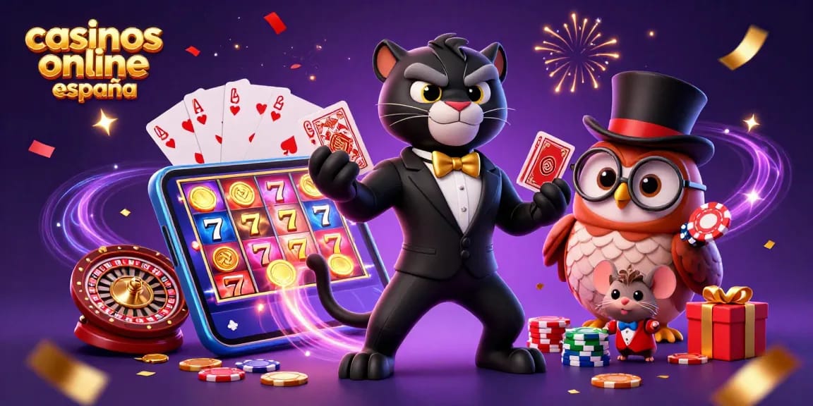 Disfruta de los mejores casinos online España con una vibrante escena de juegos y personajes animados.