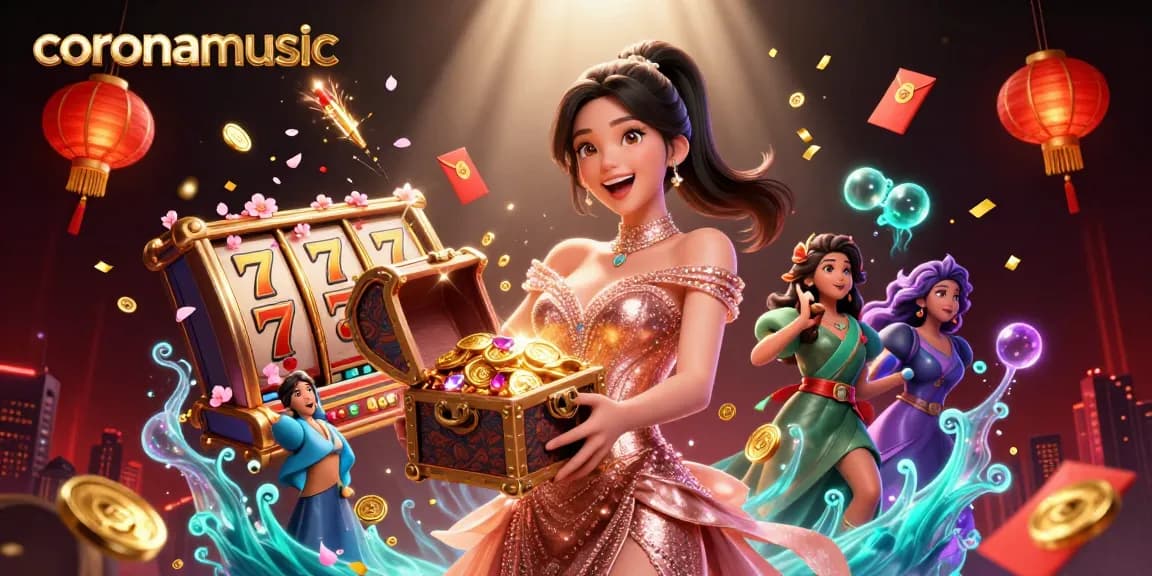 A vibrant coronamusic-themed 3D illustration showcasing a joyous scene of fortune with golden treasures, slot reels, and festive decorations.
