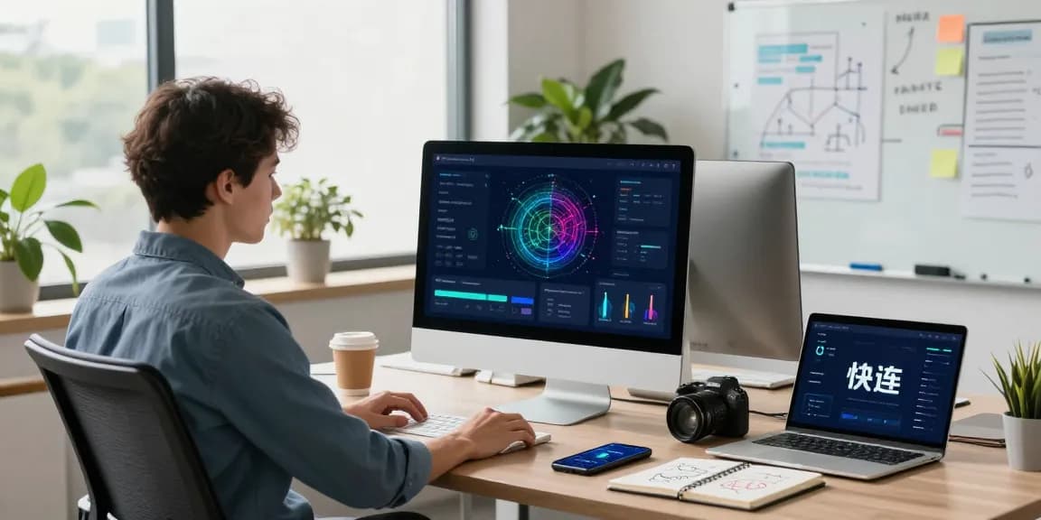 快连 user in a modern office utilizing a desktop application for fast internet connectivity, surrounded by tech essentials.