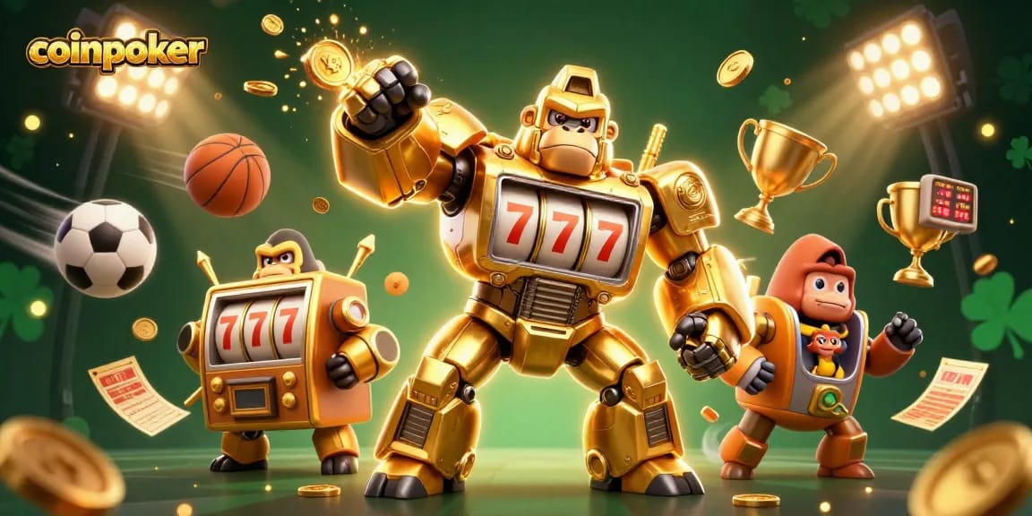 Le gorille mech coinpoker, puissant et illuminé, frappe avec force, entouré de ballons de sport et de pièces d'or.