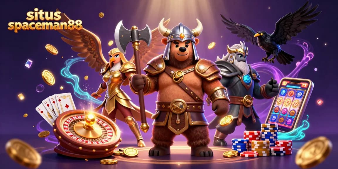 Engage with situs spaceman88 as golden coins and slot machine reels explode around a Viking bear and Valkyrie.