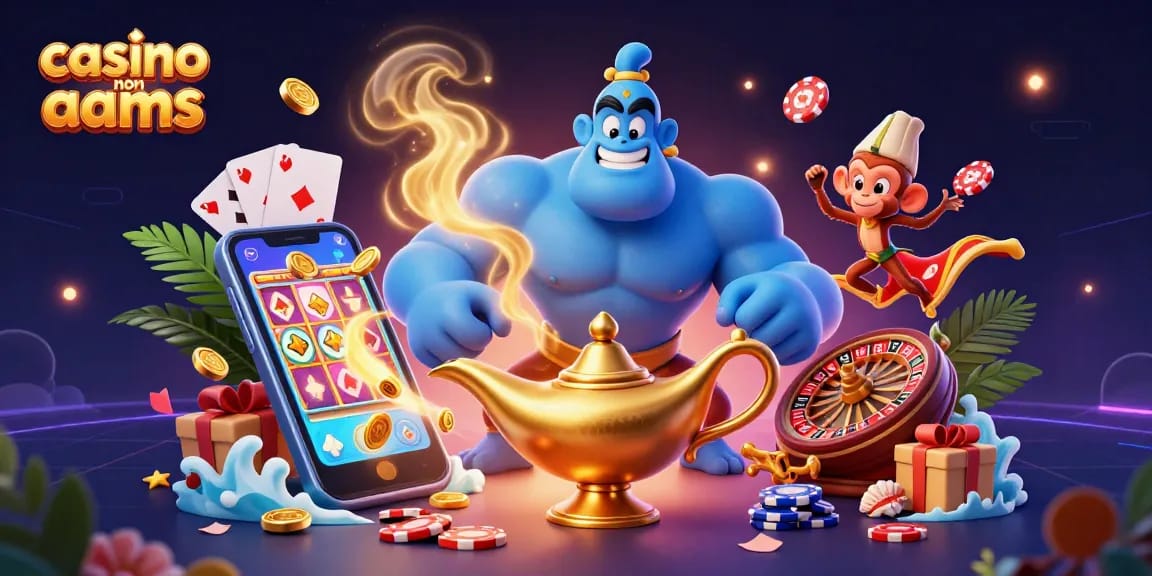 Illustrazione coinvolgente di casinò non AAMS con un genio, una scimmia e fiches da poker, che mostrano elementi di gioco vivaci.