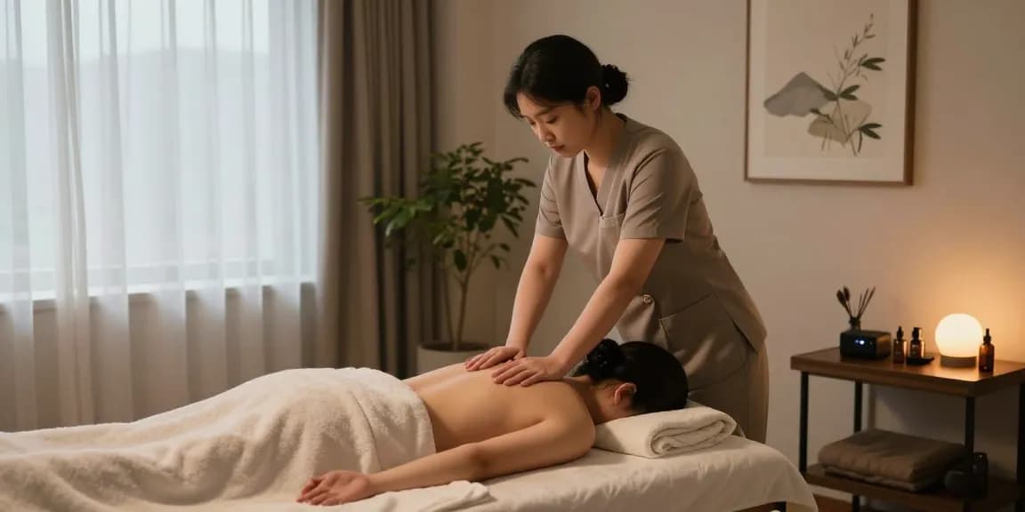부천출장마사지 session in a tranquil home environment with soothing elements and light.