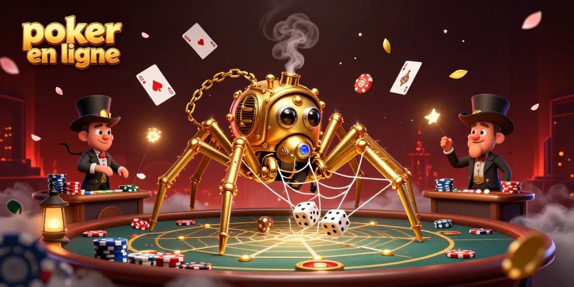 Jouez au poker en ligne avec une illustration dynamique montrant une araignée steampunk dorée dans un décor captivant.