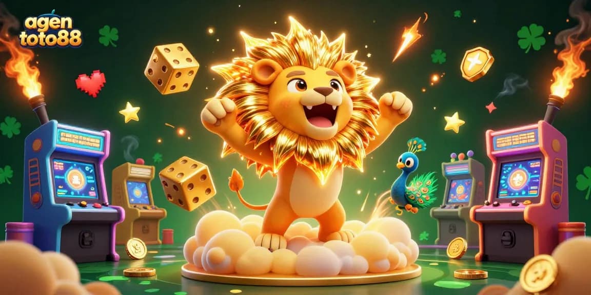 Experience thrilling games at agen toto88 with vibrant 3D golden lion and dynamic casino elements.