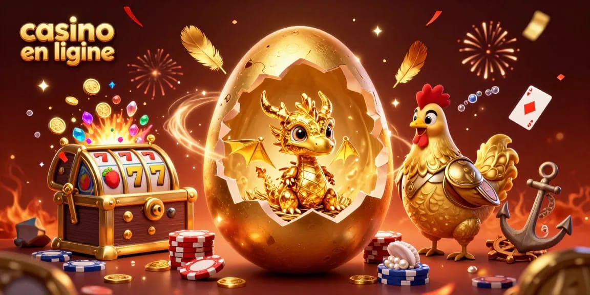 Jouez au casino en ligne avec des jeux excitants et un dragon en or.