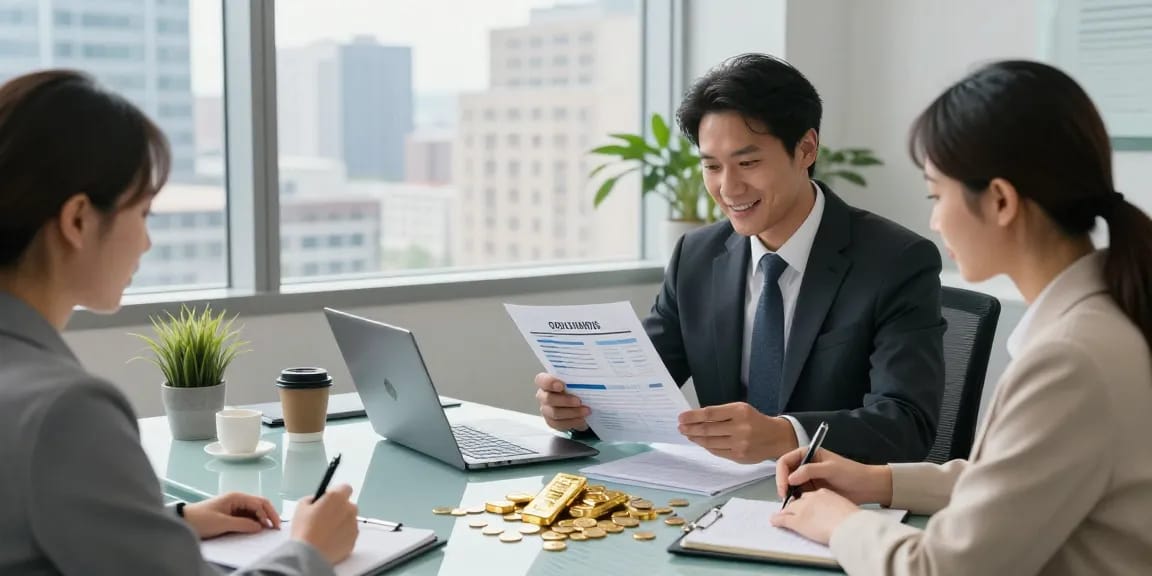 Consultation on gold IRA company ratings in a modern financial office.